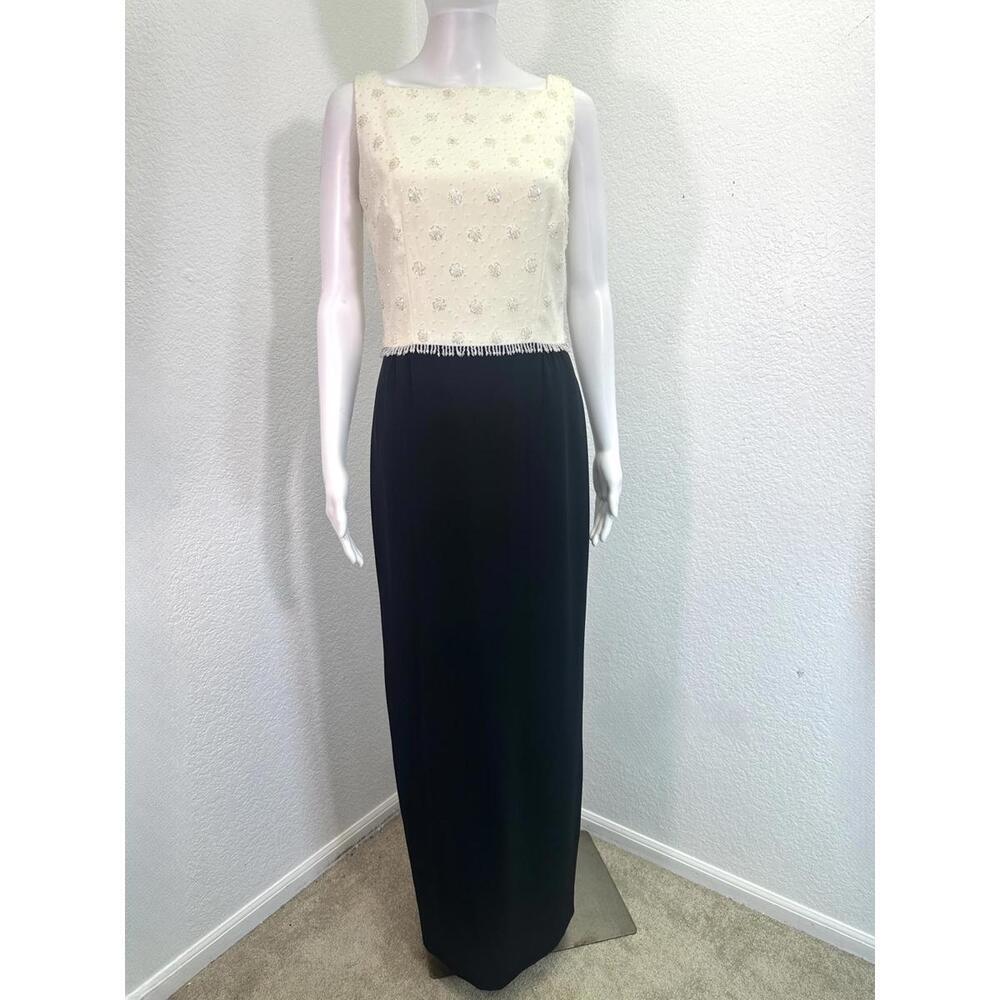 Sz 6 Oleg Cassini Black Tie Formal Dress Maxi Ivory & Black Beaded Column Formal